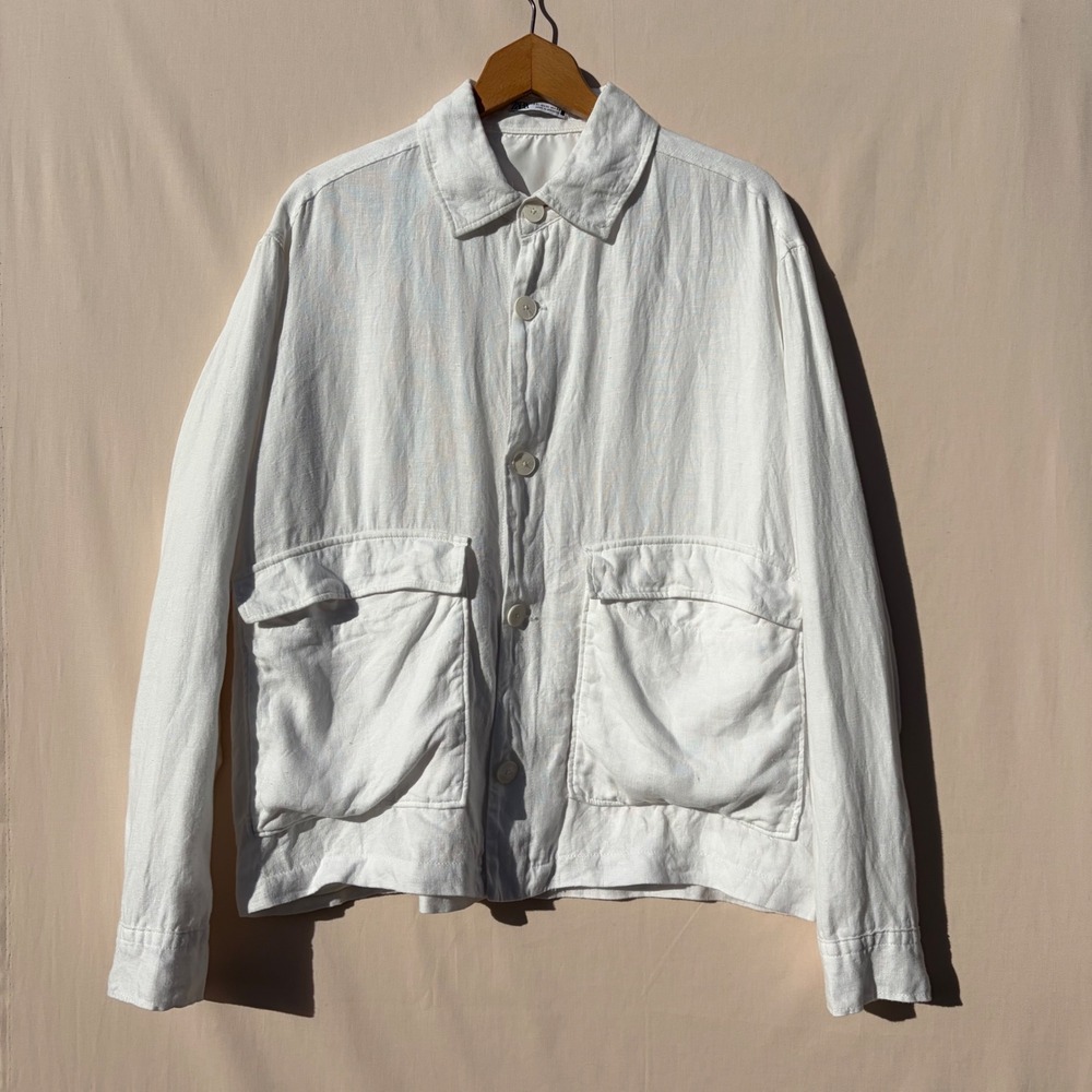 Zara White 100% Linen Utility Jacket Womens XL‎ Button Front Lined Workwear Coat